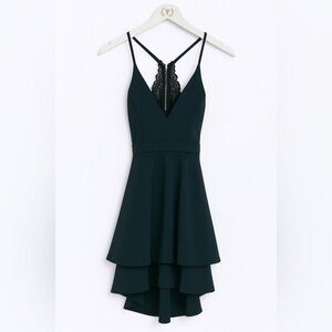 Elegant Emerald Green Lace Trim Dress